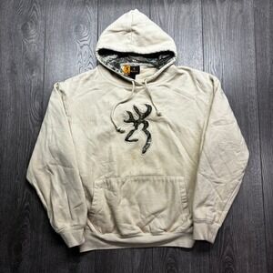 Browning Mens Camo Buckmark Logo Hoodie Cream Tan Sweatshirt Large L Camouflage
